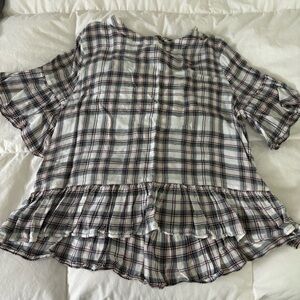 Melrose and Market Plaid Flutter Sleeve Open Back Blouse